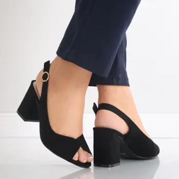 Sandale dama cu toc Negre din Piele Ecologica Intoarsa Mirvela imagine