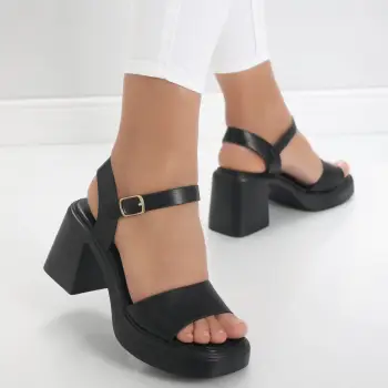 Sandale dama cu toc Negre din Piele Ecologica Noina imagine