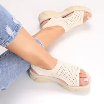 Sandale dama Fara toc Bej din Textil Saniela imagine