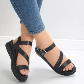 Sandale dama fara toc Negre din Piele Ecologica Afina imagine