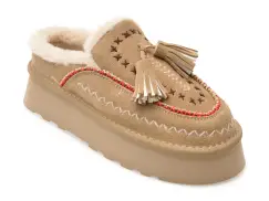 Papuci O-JOO bej, GWEN ETNO SABOT, din piele intoarsa imagine