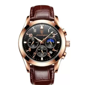 Ceas barbatesc Poedagar CS1337, curea piele naturala, maro/rose gold, cadran negru imagine