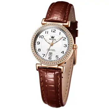 Ceas de dama Olevs CS1600, curea de piele naturala, maro, cadran alb imagine