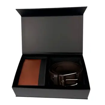 Set cadou pentru barbati, Portofel + Curea, piele naturala, model elegant, Negru-Maro, SET9 imagine