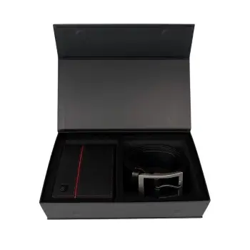 Set cadou pentru barbati, Portofel + Curea, piele naturala, model elegant, Negru/rosu, SET6 imagine