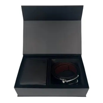 Set cadou pentru barbati, Portofel + Curea, piele naturala, model elegant, Negru, SET1 imagine