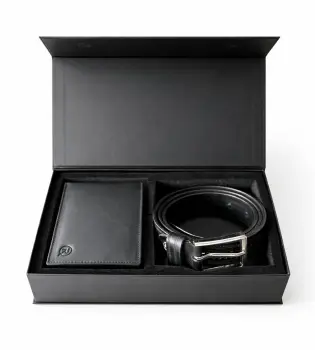 Set cadou pentru barbati, Portofel + Curea, piele naturala, model elegant, SET31, Negru imagine