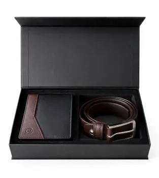 Set cadou pentru barbati, Portofel + Curea, piele naturala, model elegant, SET32, Maro/Negru imagine