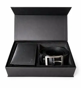 Set cadou pentru barbati, Portofel + Curea, piele naturala, model elegant, SET33, Negru/Negru imagine