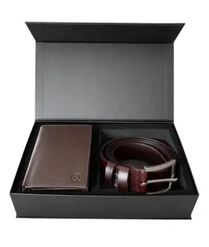 Set cadou pentru barbati, Portofel + Curea, piele naturala, model elegant, SET34, Maro inchis/Negru imagine