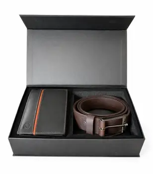 Set cadou pentru barbati, Portofel + Curea, piele naturala, model elegant, SET35, Maro /Negru imagine