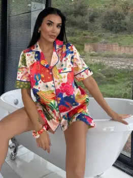 Set pijama dama din doua piese, cu nasturi - 2500151, Tropical Mix imagine