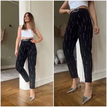 Blugi negri dama cu strasuri si talie inalta imagine