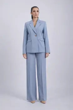 Compleu bleu/gri cu design deosebit la sacou si pantaloni largi cu talie inalta imagine