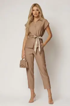 Compleu dama bej format din camasa cu design deosebit si pantaloni lejeri imagine