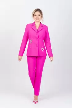 Compleu elegant format din doua piese cu pantaloni conici si sacou cambrat accesorizat cu detaliii pretioase imagine