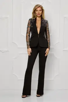 Compleu elegant negru cu broderie pretioasa la sacou si pantaloni evazati imagine