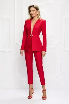 Compleu elegant rosu format din sacou cambrat si pantaloni conici cu talie inalta imagine