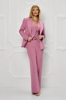 Compleu elegant roz format din trei piese cu pantaloni evazati imagine