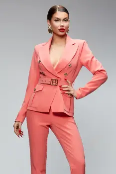 Compleu elegant somon din doua piese cu pantaloni conici cu talie inalta imagine