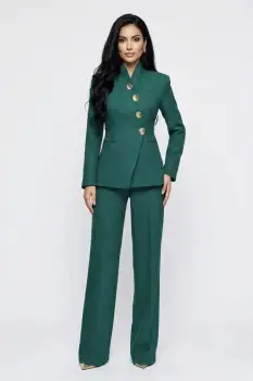 Compleu elegant verde format din doua piese cu pantaloni evazati imagine