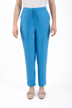 Pantaloni casual bleu din vascoza cu buzunare laterale si snur reglabil imagine