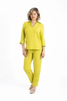 Pantaloni casual din vascoza cu buzunare laterale si elastic la talie imagine