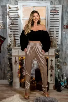 Pantaloni conic cu talie inalta din lycra aurie texturata imagine