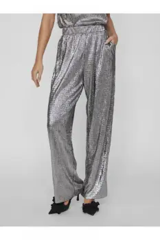 Pantaloni eleganti argintii cu croiala lejera plisati imagine