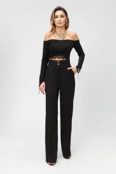 Pantaloni evazati negri cu talie inalta si buzunare imagine