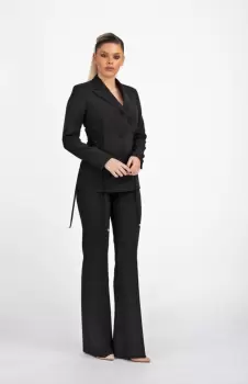 Pantaloni evazati negri cu talie inalta si inchidere in partea din fata imagine