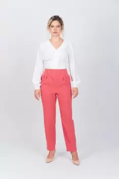 Pantaloni office corai cu pense la talie si inchidere imagine