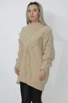 Pulover dama bej prevazut cu accesorii si volane din dantela imagine