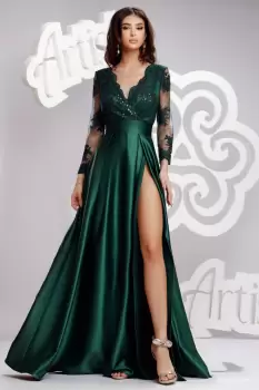 Rochie Artista lunga din tafta verde cu partea superioara din broderie imagine