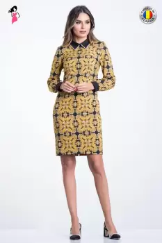 Rochie casual Xara mustar cu imprimeu fractal imagine