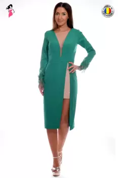 Rochie de ocazie conica verde cu pene imagine