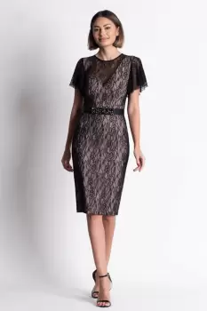 Rochie de ocazie din dantela neagra pe captuseala fina nude cu croi drept si lungime midi imagine