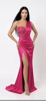Rochie de ocazie lunga din tafta fucsia cu broderie la bust si slit pe picior imagine