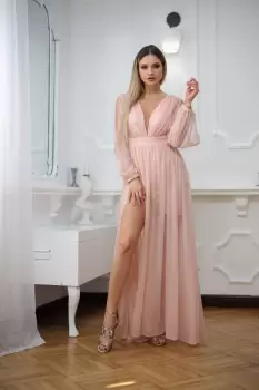 Rochie de ocazie lunga din tull cu slipici si cordon cu cristale imagine