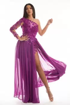 Rochie de ocazie lunga din voal fucsia cu broderie 3D imagine