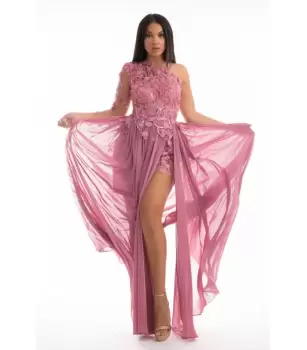 Rochie de ocazie lunga din voal roz cu broderie 3D aplicata manual imagine