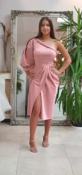 Rochie de ocazie midi din tafta cu aspect petrecut si o maneca imagine