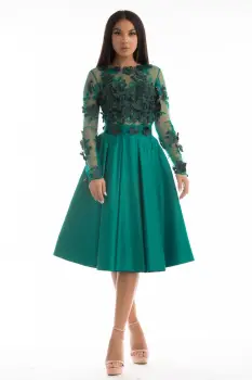 Rochie de ocazie verde din tafta cu partea superioara din broderie cu flori 3D imagine