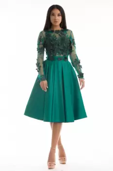 Rochie de ocazie verde din tafta cu partea superioara din broderie cu flori 3D imagine