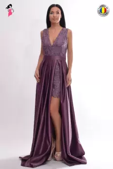 Rochie de seara din tafta lila cu broderie in partea superioara imagine