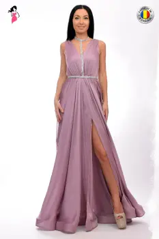 Rochie de seara lunga din material vaporos cu captuseala scurta si slit pe picior imagine