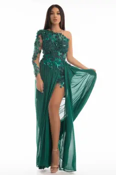 Rochie de seara lunga verde din voal cu aplicatie de flori 3D imagine