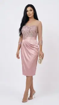 Rochie din tafta cu broderie in partea superioara si maneca trei sferturi din tull transparent imagine