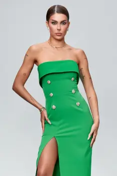 Rochie elegant verde midi cu volan la bust si slit pe picior imagine