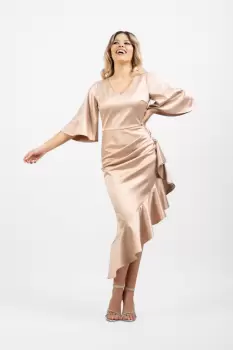 Rochie eleganta asimetrica bej cu volane si maneca lejera imagine